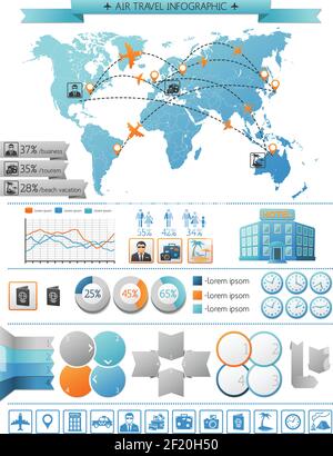 Air travel infographic concept with trip routes on world map blank charts hotel visitors diagrams summer vacation icons vector illustration Stock Vector