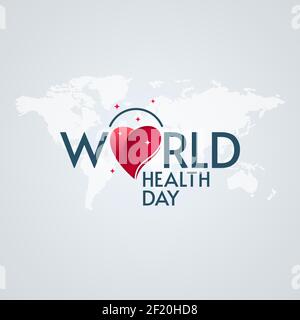 World Health Day lettering with heart and star shapes on world map textured background. Medical poster design. Stock Vector