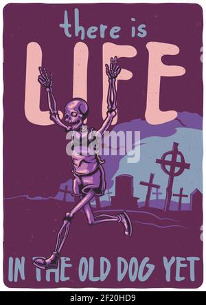 T-shirt or poster design with illustration of skeleton running from the cemetery. Stock Vector