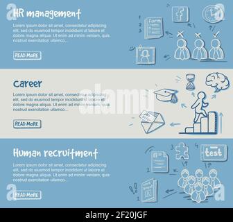 Hand drawn career development horizontal banners with human resources search planning and management elements vector illustration Stock Vector