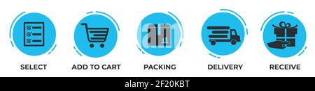 Concept of shopping process with 5 successive steps. Five blue graphic elements. Timeline design for brochure, presentation, web site. Stock Vector