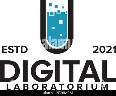 Digital lab with chemical liquid pixel design vector template Stock Vector
