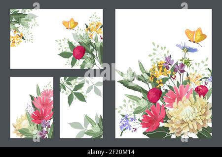 Art floral greeting and business cards. Vector cards with red, yellow, blue flowers and buds, yellow butterflies, green stems and leaves. Stock Vector