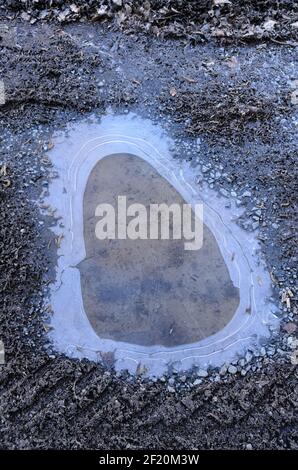 Frozen water in a puddle on the ground with abstract structures and surface, view from directly above Stock Photo