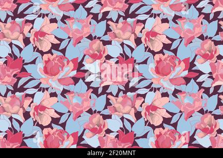 Vector floral seamless pattern. Pink roses and blue leaves. Stock Vector
