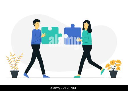 Collaboration concept illustration. Business concept. Two people connecting puzzle elements. Vector illustration flat design style. Stock Vector