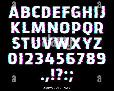 Glitch type font, glowing vector alphabet letters, ripple digits and punctuation marks isolated on black background. Distorted glitched effect glow ab Stock Vector