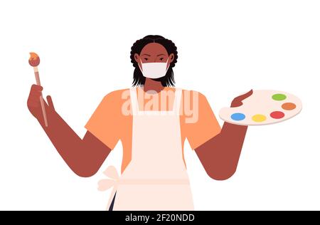 female painter holding paintbrush and palette labor day concept girl artist wearing mask to prevent coronavirus self isolation concept portrait horizontal vector illustration Stock Vector