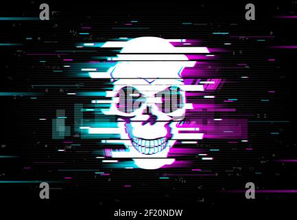 Glitch skull vector distorted neon glowing pixelized cranium or jolly roger on black background. Television messy distortion or vhs tape glitch effect Stock Vector
