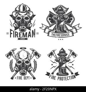 Set of firefighter elements emblems, labels, badges, logos. Isolated on white Stock Vector