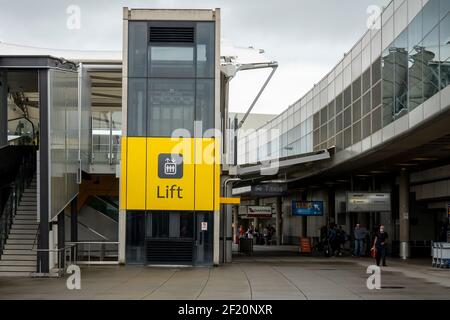 Brisbane Airport, Queensland, Australia - March 2021: Lift up to the second level at Brisbane domestic airport Stock Photo