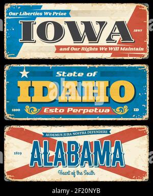 USA states rusty metal plates. Iowa, Idaho and Alabama worn and shabby road signs, grungy signpost or cards. United States of America states flags, vi Stock Vector