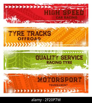 Car racing, off road tracks and motorsport tournament banners. Automobile tire dirty traces, wheel protector trails in mud and vehicle rubber threads Stock Vector