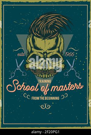 T-shirt or poster design with illustraion of skull of barber. Stock Vector