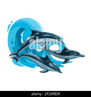 Dolphins jump in sea waves, vector ocean animals mascot. Cartoon dolphins family playing and splashing on sea water surface, Aqua travel, summer vacat Stock Vector