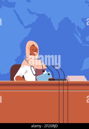 black muslim female doctor giving speech at tribune with microphone medical conference medicine healthcare concept portrait vertical vector illustration Stock Vector