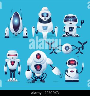Cartoon robots, vector cyborg characters, toys, pets or bots, artificial intelligence technology. Friendly robots with long arms or tentacles and digi Stock Vector