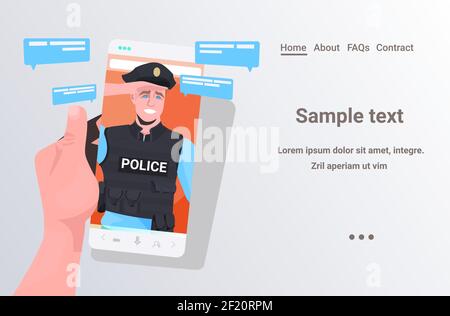 human hand using smartphone chatting with policeman during video call online communication concept portrait horizontal copy space vector illustration Stock Vector