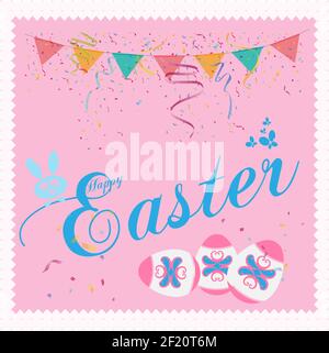 Easter poster and banner template with pink and white easter eggs with rabbit bunny and confetti party flags on pink background. Promotion and shoppin Stock Vector
