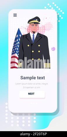 pilot in uniform holding USA flag happy labor day celebration self isolation online communication concept smartphone screen vertical portrait copy space vector illustration Stock Vector