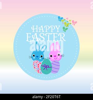 Easter wishes and promotional sale banner, poster, greeting card template in pink, blue, violet, green color with butterflies and bunnies Stock Vector