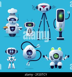 Cartoon robots vector icons, cute cyborg characters, toys or bots, artificial intelligence technology. Friendly robots on wheels with long arms and di Stock Vector
