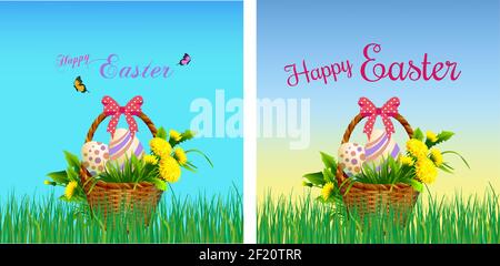 Easter wishes and promotional sale banner, poster, greeting card template in pink, blue, violet, green color with butterflies and bunnies and basket i Stock Vector