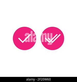 Valid Seal icons set. Pink circle with tick and double tick. Flat OK sticker icon. Isolated on white. Accept button. Good for web and software interfa Stock Vector