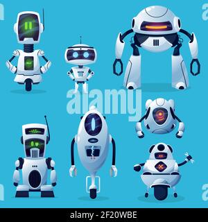 Cartoon robot vector icons, cyborg characters, toys or bots, artificial intelligence technology. Technical support assistant, friendly robots on wheel Stock Vector
