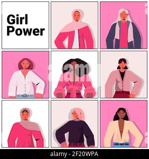 set mix race girls avatars female empowerment movement women's power union of feminists concept portrait vector illustration Stock Vector