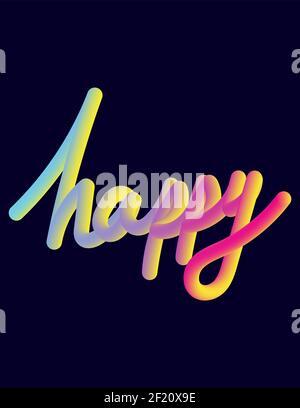 Happy word in blended color on dark blue background. Neon 3D Typeset with Rounded Shapes. Font Set of Painted Letters. Stock Vector