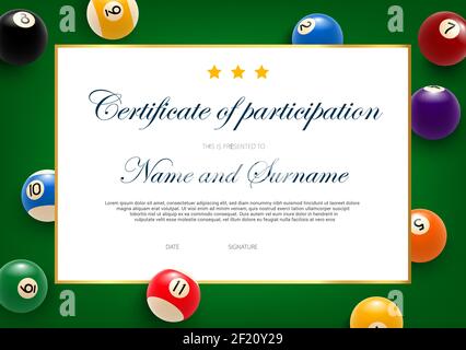 Diploma for the winner of billiard tournament, certificate vector ...