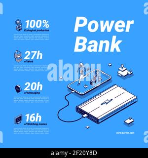 Power bank poster. External battery, portable charger for mobile phone and digital devices. Vector isometric illustration of powerbank for charge smartphone accumulator Stock Vector