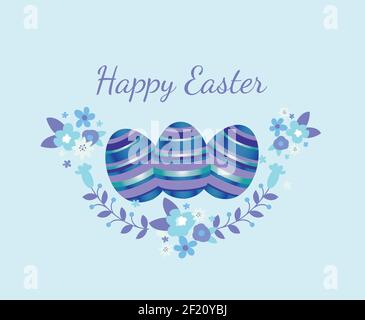 Easter poster and banner template with Easter eggs in the flower on light blue background with blue, white and violet flowers. Promotion and shopping Stock Vector