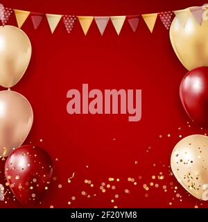 Party Glossy Holiday Background with Balloons, Flags and confetti. Vector Illustration Stock Vector