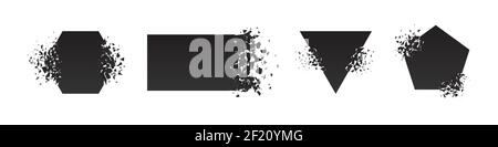 Shape shattered and explodes flat style design vector illustration set isolated on white background. Pentagon, triangle, rectangle, hexagon shapes in Stock Vector