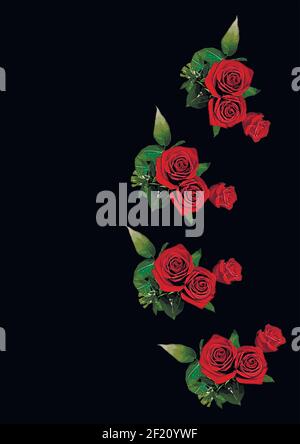 Frames - a bouquet of three red roses. Flowers on the black background of the A4, vertical image. Isolate. Plants Stock Vector