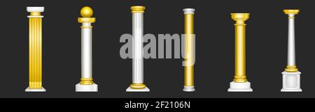 Ancient roman columns, gold and white marble architecture decor. Vector realistic set of 3d antique greek white stone pillars with golden capitals isolated on black background Stock Vector