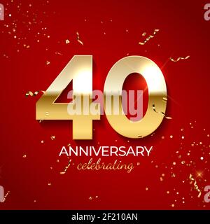 Anniversary celebration decoration. Golden number 40 with confetti, glitters and streamer ribbons on red background. Vector illustration Stock Vector