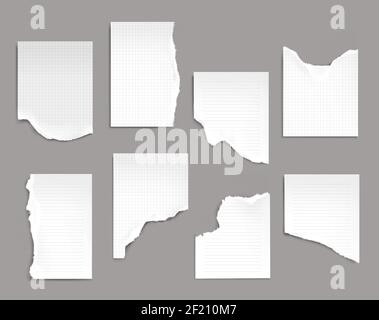 Notebook sheets with torn edges. Ragged lined and checkered blank pages for memo and daily planner empty notepad papers pieces isolated on grey background. Realistic 3d vector illustration, set Stock Vector