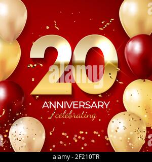 Anniversary celebration decoration. Golden number 20 with confetti, balloons, glitters and streamer ribbons on red background. Vector illustration Stock Vector
