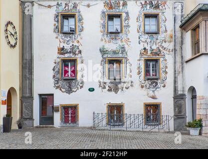 Germany, Bavaria, Berchtesgaden,  The Deer House also known as the Hirschenhaus built in 1594 by Georg Labermair with its rear facade known as the Monkey facade, it’s said that when the client refused to finish paying for the commisioned work the artist turned the human faces into monkeys as payback. Stock Photo