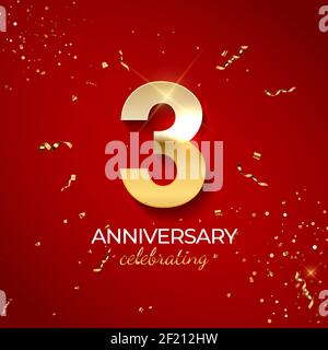 Anniversary celebration decoration. Golden number 3 with confetti, glitters and streamer ribbons on red background. Vector illustration Stock Vector
