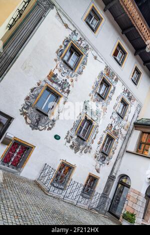 Germany, Bavaria, Berchtesgaden,  The Deer House also known as the Hirschenhaus built in 1594 by Georg Labermair with its rear facade known as the Monkey facade, it’s said that when the client refused to finish paying for the commisioned work the artist turned the human faces into monkeys as payback. Stock Photo