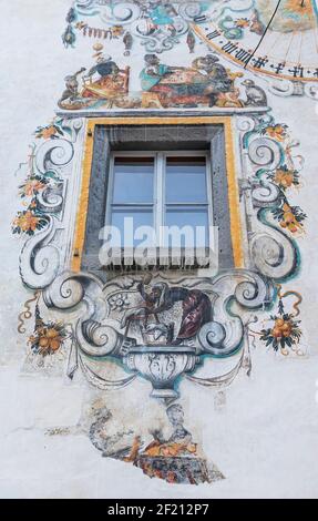 Germany, Bavaria, Berchtesgaden,  The Deer House also known as the Hirschenhaus built in 1594 by Georg Labermair with detail of its rear facade known as the Monkey facade, it’s said that when the client refused to finish paying for the commisioned work the artist turned the human faces into monkeys as payback. Stock Photo