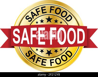 safe food 3d gold badge with red ribbon on white Stock Vector