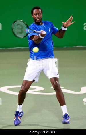 France's Gael Monfils in action during his Tennis Men's Double match with teammate Jo Wilfried Tsonga during the Olympic Games RIO 2016, Tennis, on August 7, 2016, in Rio, Brazil - Photo Jean-Marie Hervio / KMSP / DPPI Stock Photo