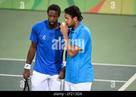 France's Jo Wilfried Tsonga and Gael Monfils in action during their Tennis Men's Double match during the Olympic Games RIO 2016, Tennis, on August 7, 2016, in Rio, Brazil - Photo Jean-Marie Hervio / KMSP / DPPI Stock Photo