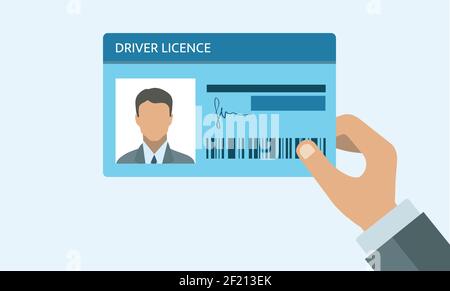 Hand holding Driver license. ID card. Identification card icon. Man and woman driver license card template. Stock Vector