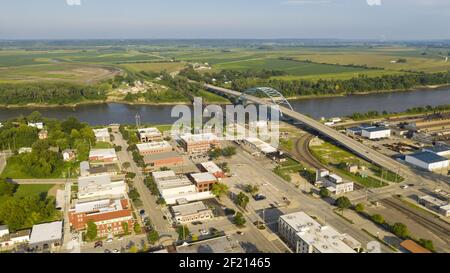 Aerial view looking at Utah Street highway 59 and the Missouri River in Atchison Kansas Stock Photo